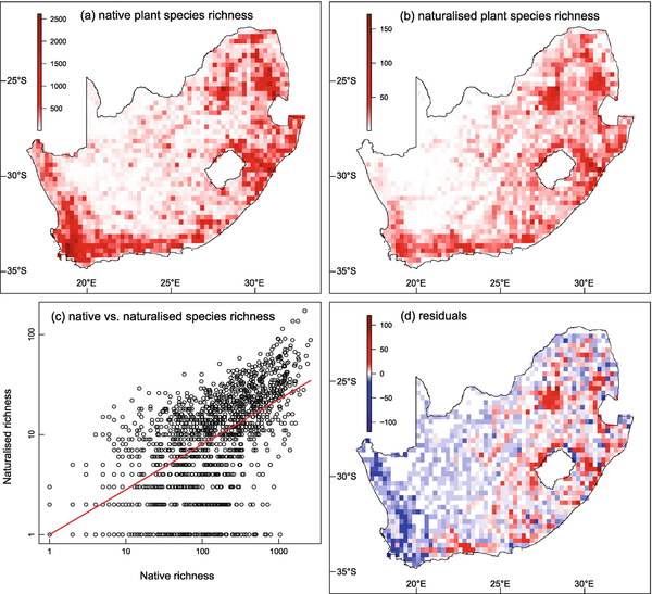 Fig. 3.2  Species richness of (a) native and (b) naturalised plants in quarter-degree grid cells in South Africa. 