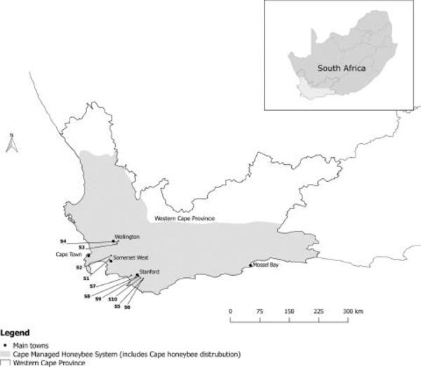 Figure 1. The location of the ten study sites in the Western Cape Province,©Melin et al.2020, Journal of Apicultural research