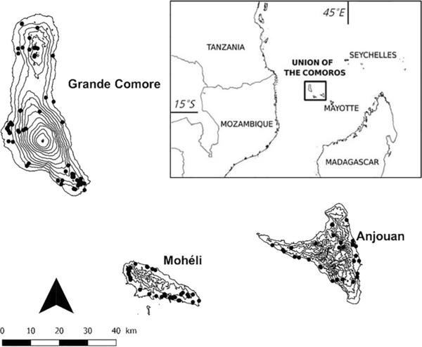 fig.1.The inset shows the location of the Union of Comoros Islands in the Indian Ocean© Hassani, I.M.et al, Agri&forest entomol.2022