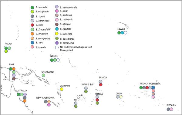 fig.1.Invasion among 15 Pacific territories by polyphagous fruit flies©Duyck et al.,Ecol Evol.2022