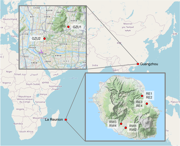 Fig.1. Collection sites of mosquitoes in Guangzhou (China) and La Reunion (France) © Palatini, U. et al, Virology Journal, 2022